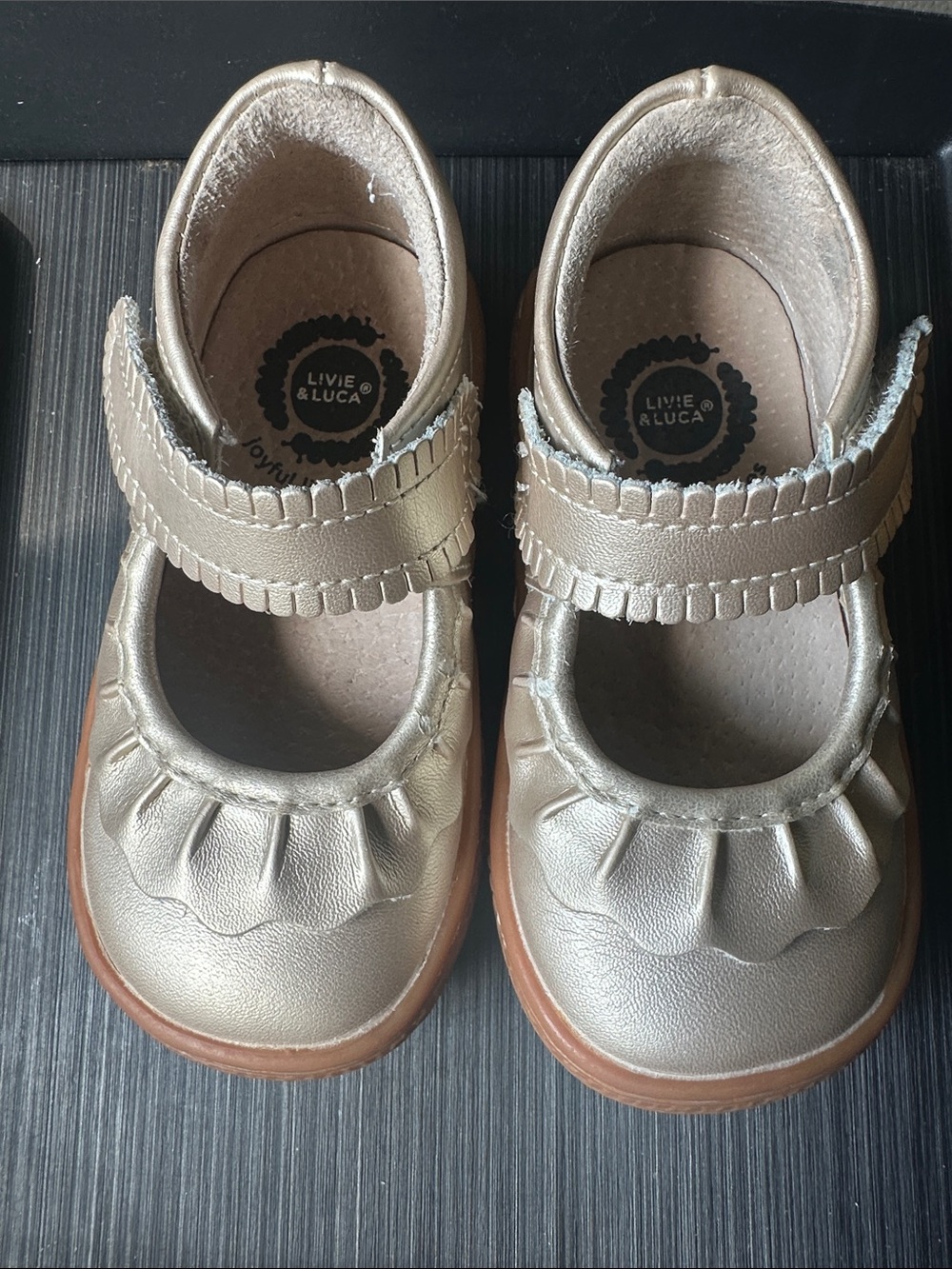 Livie & Luca ruche ruffled champagne shimmer leather hook and loop Mary Jane
